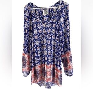 Beach Lunch Lounge Womens Long Sleeve Swim Coverup Blue Red 1X Boho Lightweight